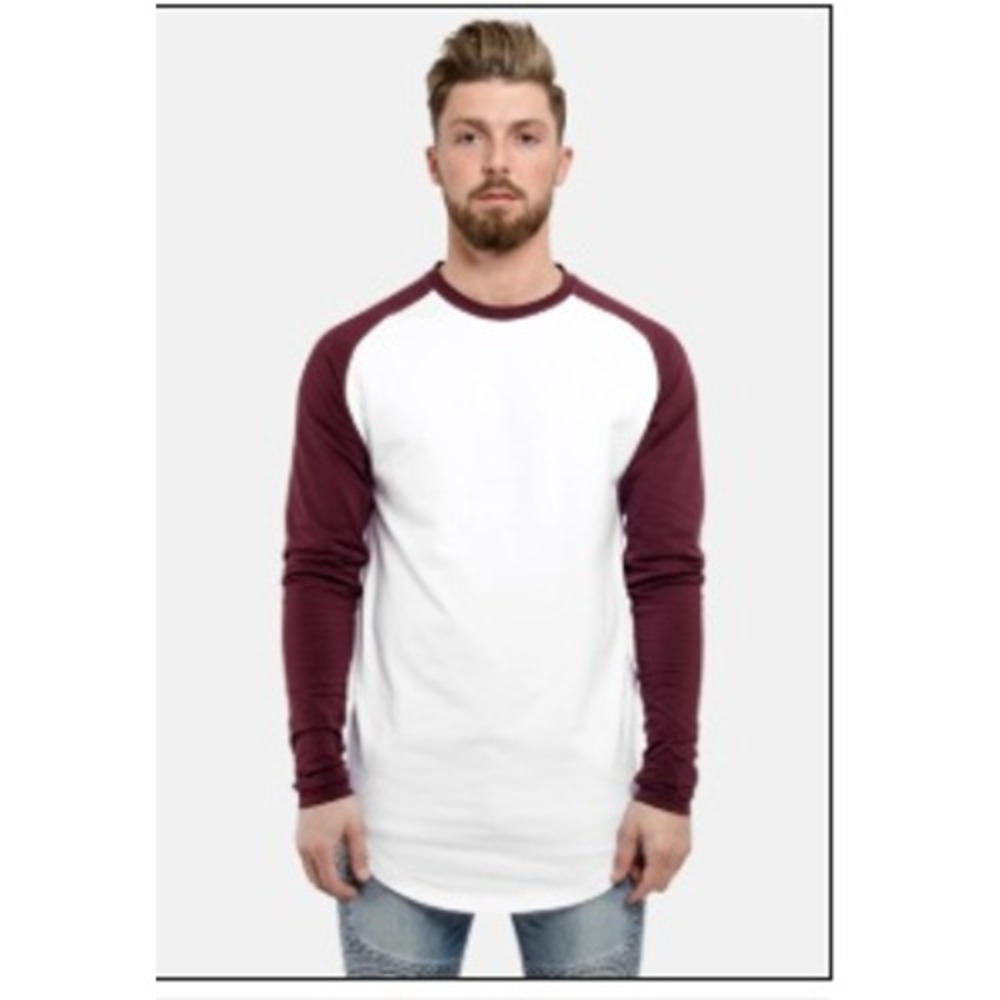 Royal Avalon Mens Raglan Baseball Tee Long Sleeve White Burgundy Cotton‎ Shirt L